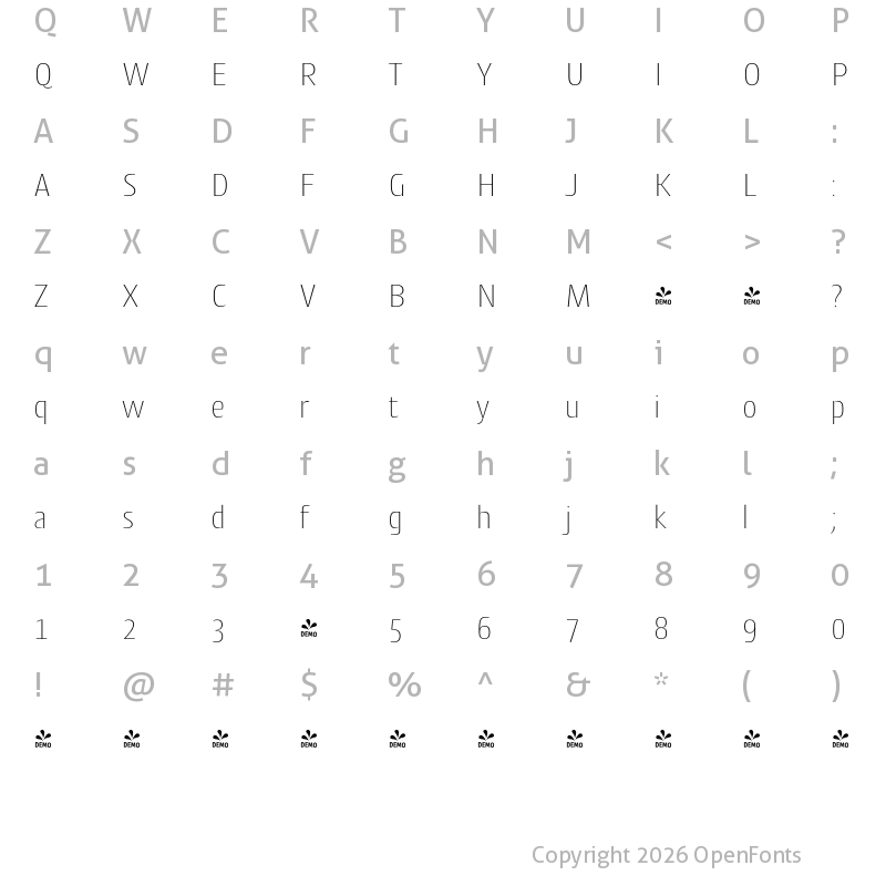 Character Map of FONTSPRING DEMO - Cantiga UltraLight Regular