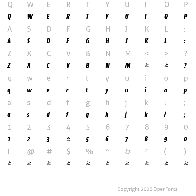 Character Map of FONTSPRING DEMO - CantigaCnd ExtraBold Italic