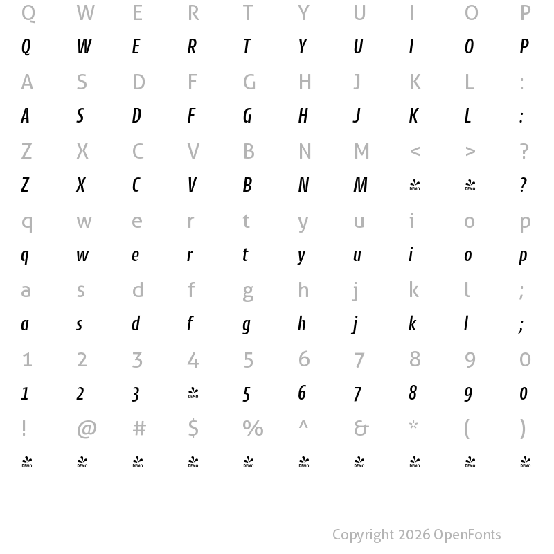 Character Map of FONTSPRING DEMO - CantigaCnd Medium Italic