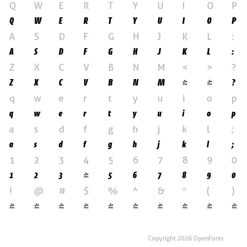 Character Map of FONTSPRING DEMO - CantigaCnd UltraBold Italic