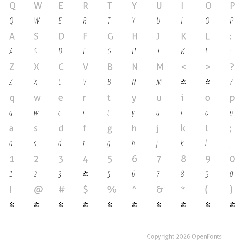 Character Map of FONTSPRING DEMO - CantigaCnd UltraLight Italic