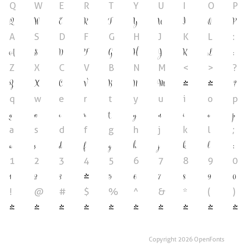 Character Map of FONTSPRING DEMO - Cantoni Basic Regular