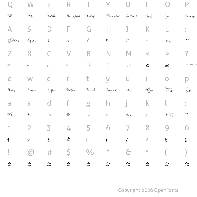 Character Map of FONTSPRING DEMO - Cantoni DIY Wedding Regular