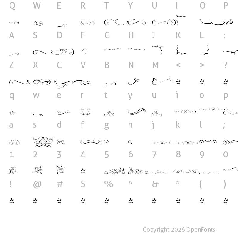 Character Map of FONTSPRING DEMO - Cantoni Flourishes Regular