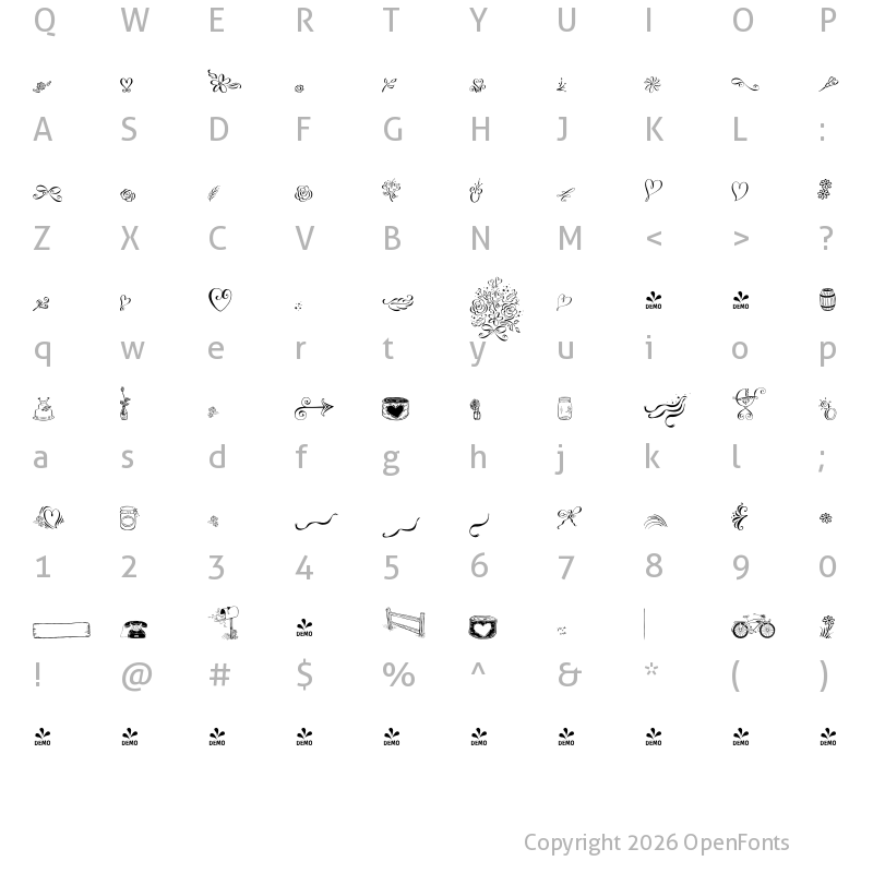 Character Map of FONTSPRING DEMO - Cantoni Ornaments Regular