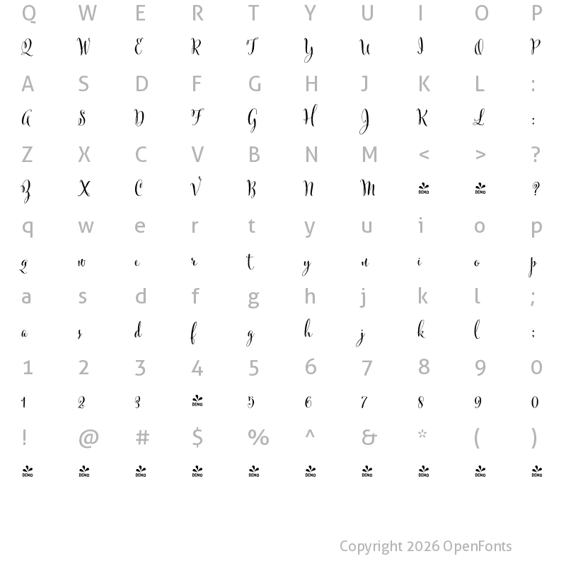 Character Map of FONTSPRING DEMO - Cantoni Pro Bold