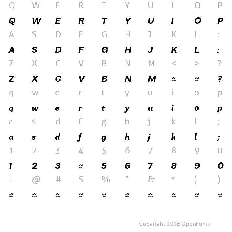 Character Map of FONTSPRING DEMO - Capital Gothic Bold Italic Regular
