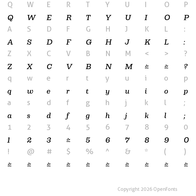Character Map of FONTSPRING DEMO - Capital Serif Medium Italic Regular