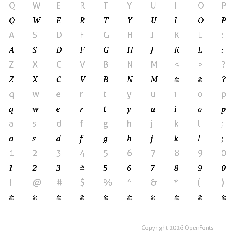 Character Map of FONTSPRING DEMO - Capitolina SemiBold Italic