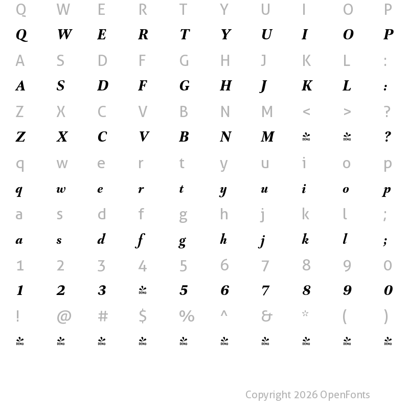 Character Map of FONTSPRING DEMO - Capricho Extrabold Italic