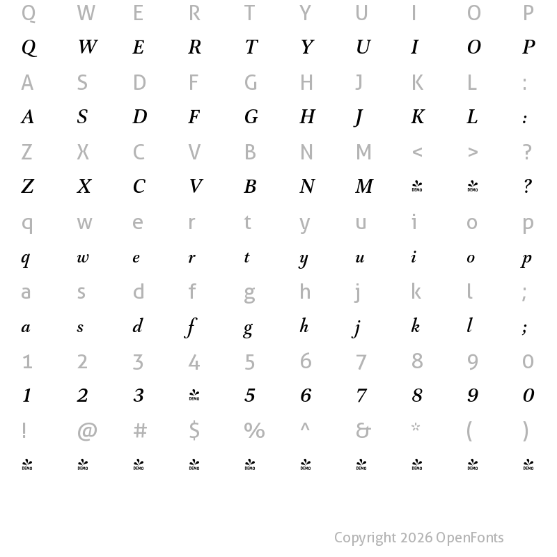 Character Map of FONTSPRING DEMO - Capricho Semibold Italic