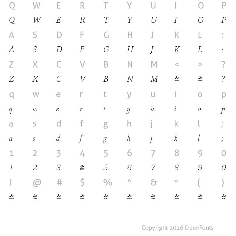 Character Map of FONTSPRING DEMO - Capricho Thin Italic