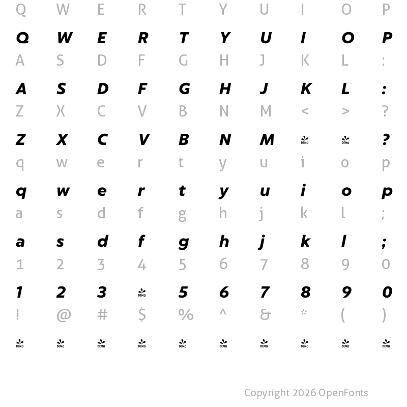 Character Map of FONTSPRING DEMO - Captura Now Bold Italic