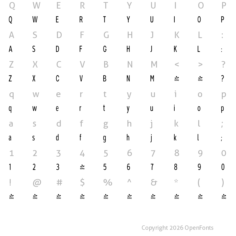 Character Map of FONTSPRING DEMO - Carawan Cond Regular