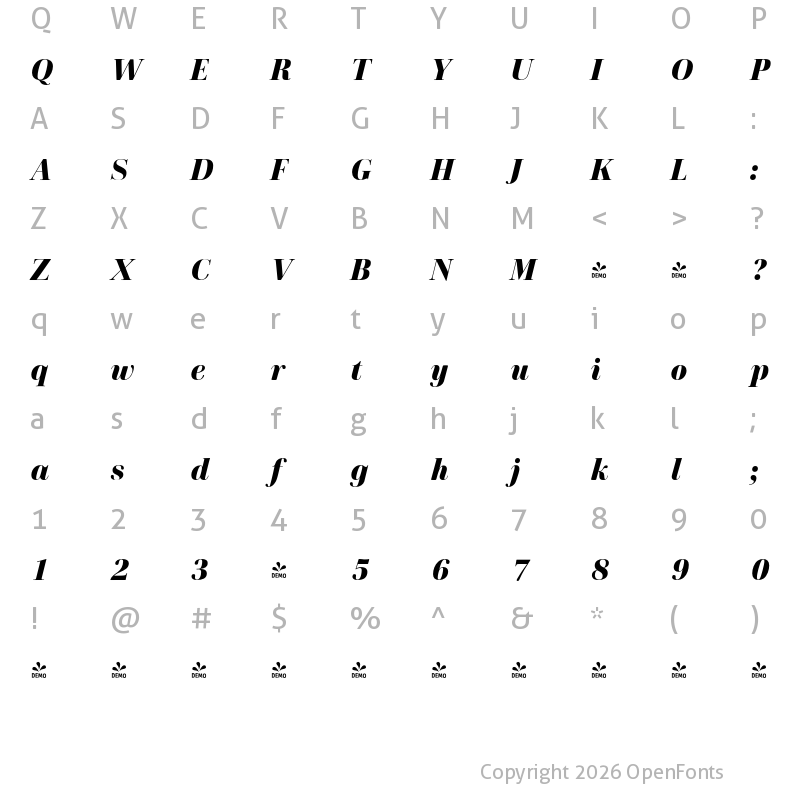 Character Map of FONTSPRING DEMO - Cardillac Black Italic