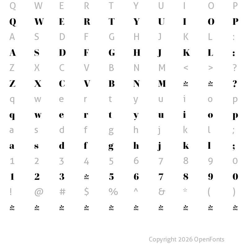 Character Map of FONTSPRING DEMO - Cardillac Black Regular