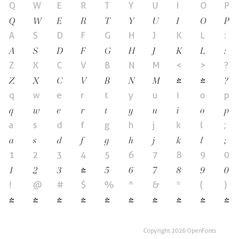 Character Map of FONTSPRING DEMO - Cardillac ExtraLight Italic