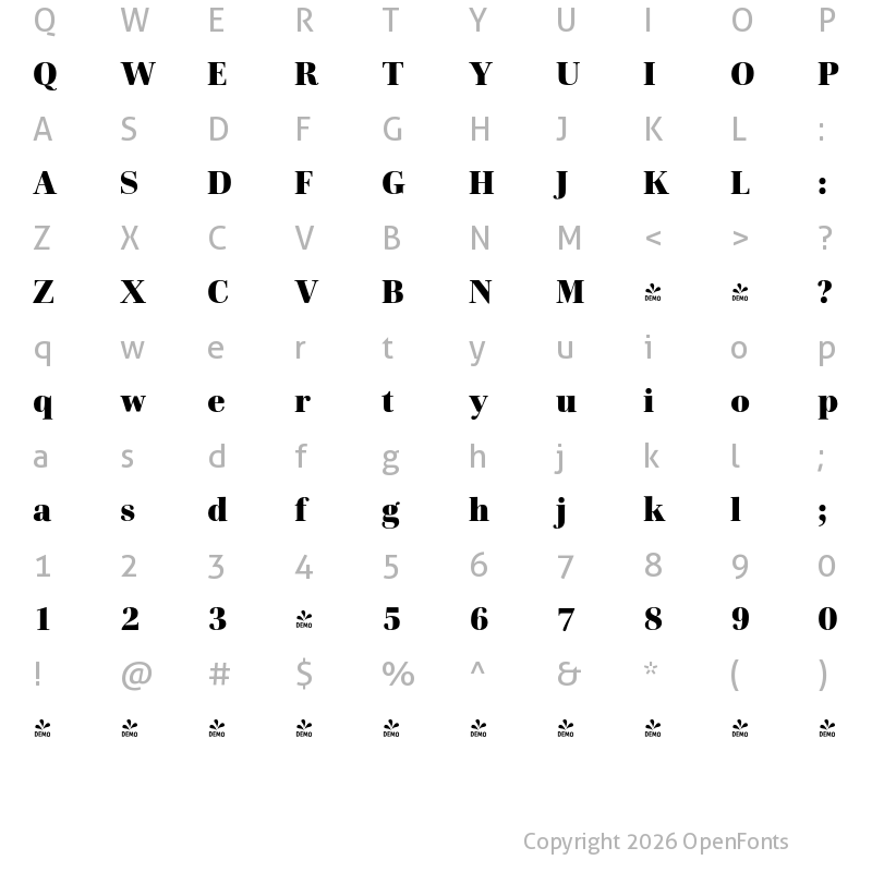 Character Map of FONTSPRING DEMO - Cardillac Text Black Regular