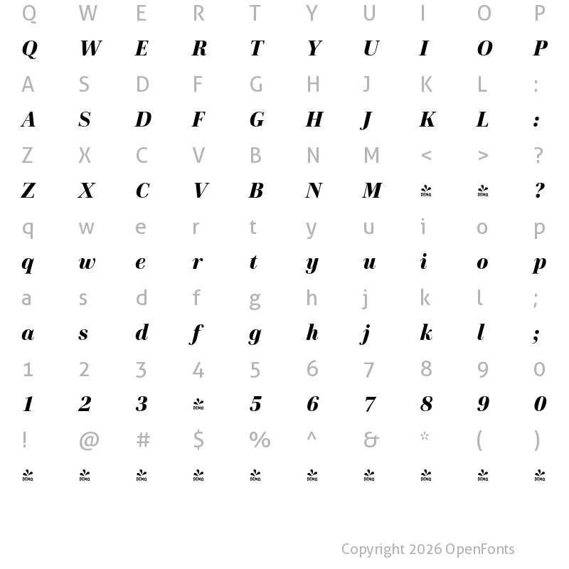 Character Map of FONTSPRING DEMO - Cardillac Text Extrabold Italic