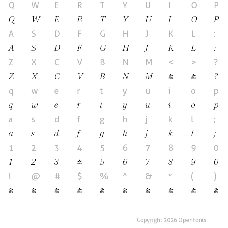 Character Map of FONTSPRING DEMO - Cardillac Text Extralight Italic
