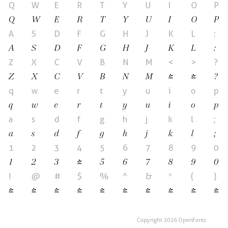 Character Map of FONTSPRING DEMO - Cardillac Text Light Italic