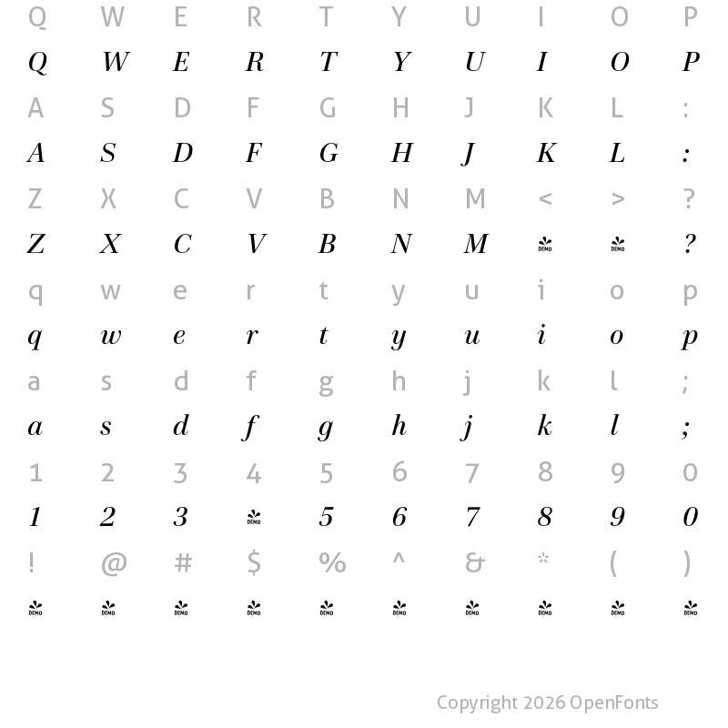 Character Map of FONTSPRING DEMO - Cardillac Text Medium Italic