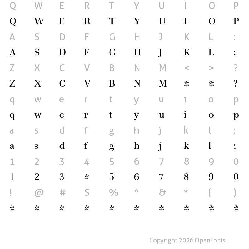 Character Map of FONTSPRING DEMO - Cardillac Text Medium Regular