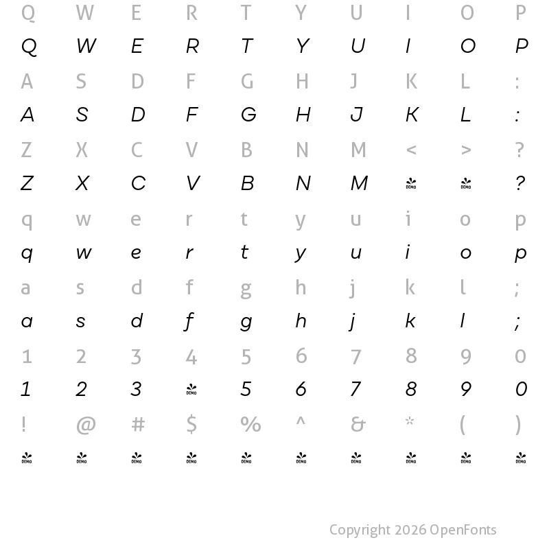Character Map of FONTSPRING DEMO - Cardium B Italic