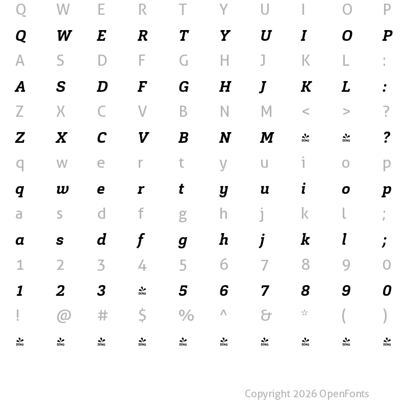 Character Map of FONTSPRING DEMO - Cargan Bold Italic