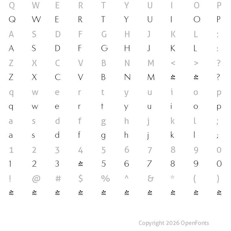 Character Map of FONTSPRING DEMO - Carisma Classic 300 Light Regular