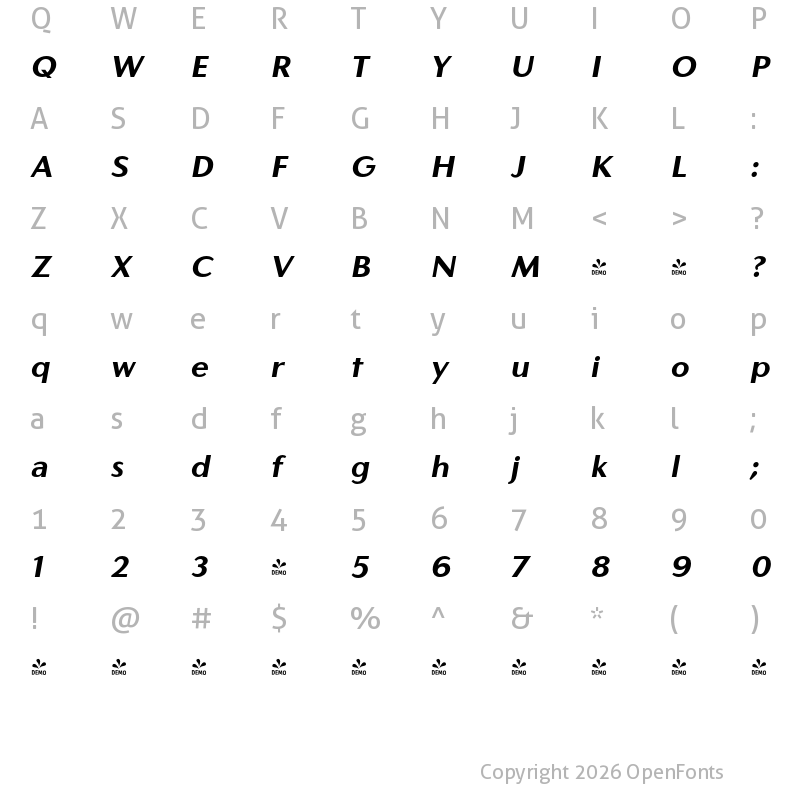 Character Map of FONTSPRING DEMO - Carisma Classic 700 Bold Oblique Bold