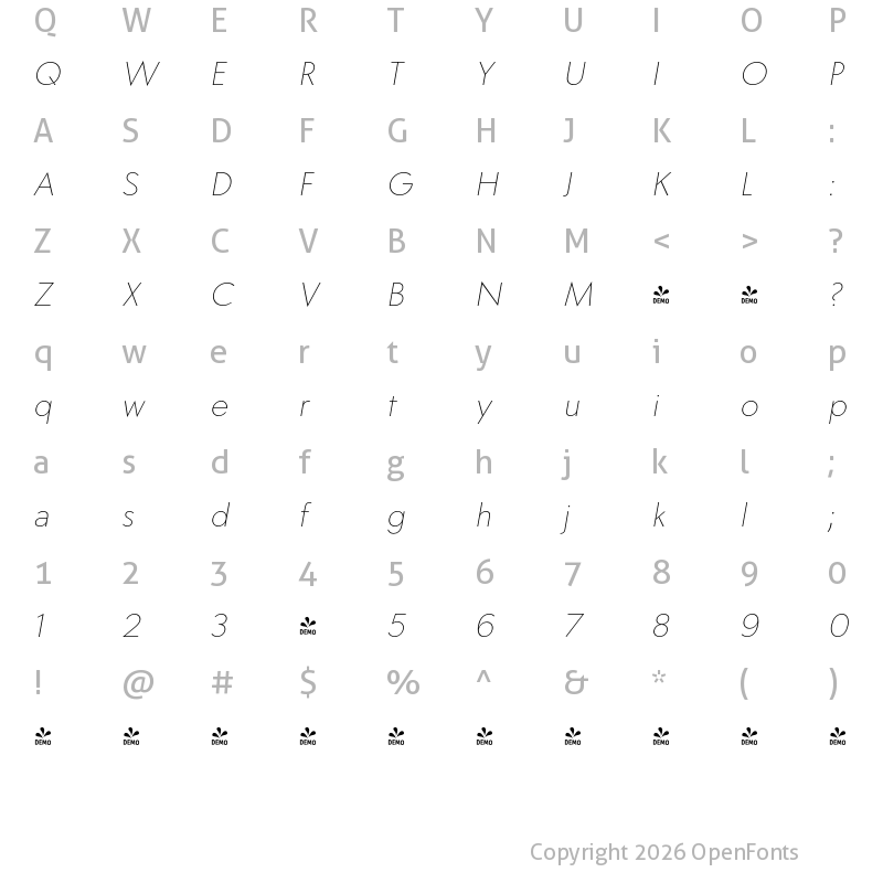 Character Map of FONTSPRING DEMO - Carisma Gothic 200 ExtraLight Oblique Regular