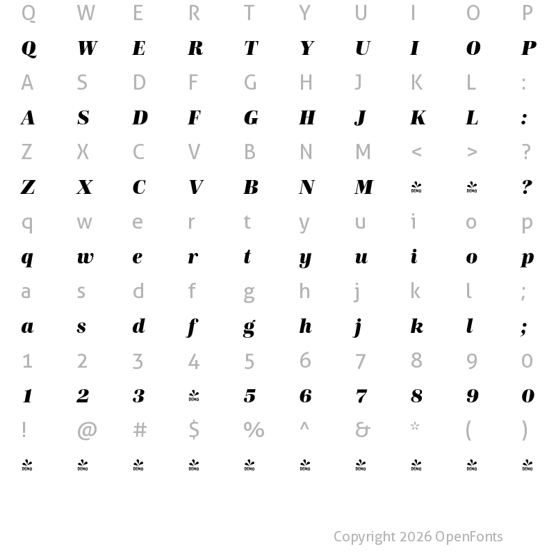 Character Map of FONTSPRING DEMO - Carmay Extrabold Italic Regular