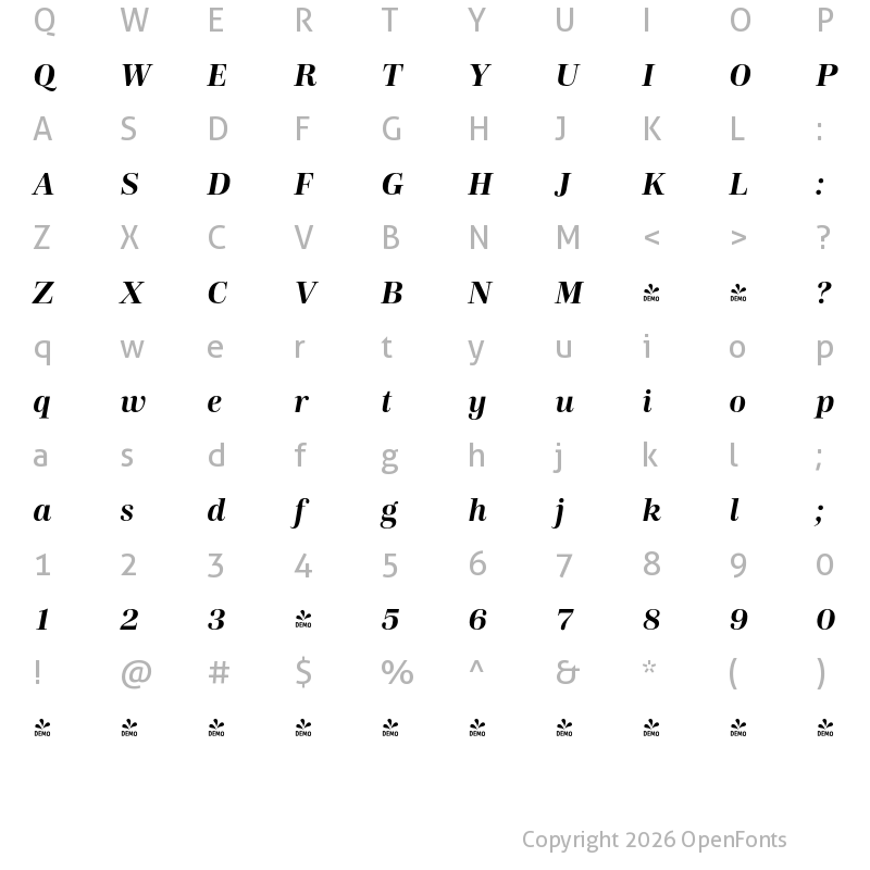 Character Map of FONTSPRING DEMO - Carmay Semibold Italic Regular