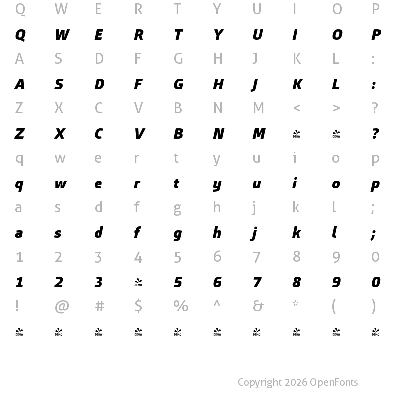 Character Map of FONTSPRING DEMO - Carnac Black Italic