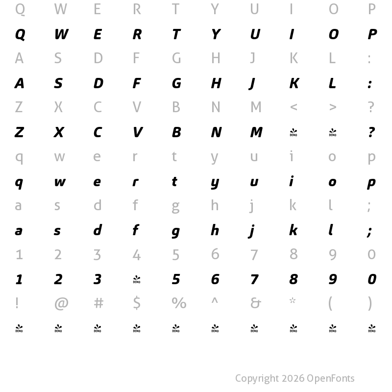 Character Map of FONTSPRING DEMO - Carnas ExtraBold Italic