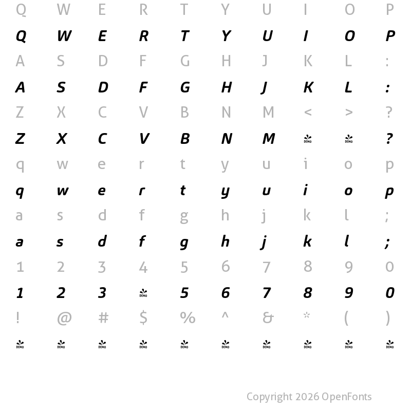 Character Map of FONTSPRING DEMO - Carnas Italic