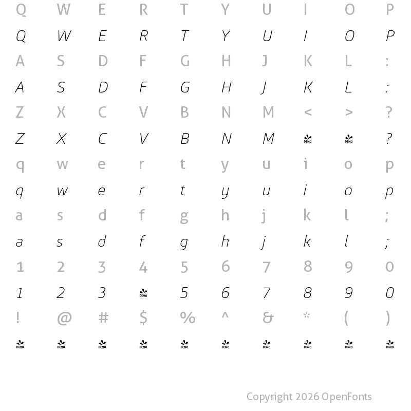 Character Map of FONTSPRING DEMO - Carnas Thin Italic