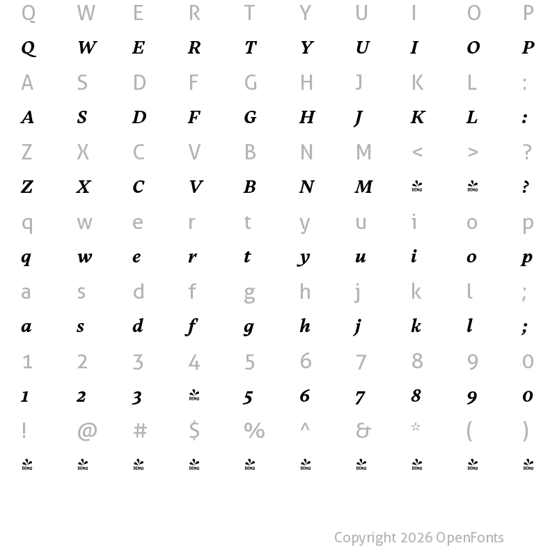 Character Map of FONTSPRING DEMO - Carole Serif Bold Italic