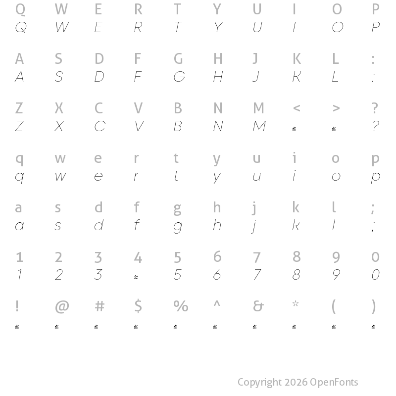 Character Map of FONTSPRING DEMO - Caros Thin Italic