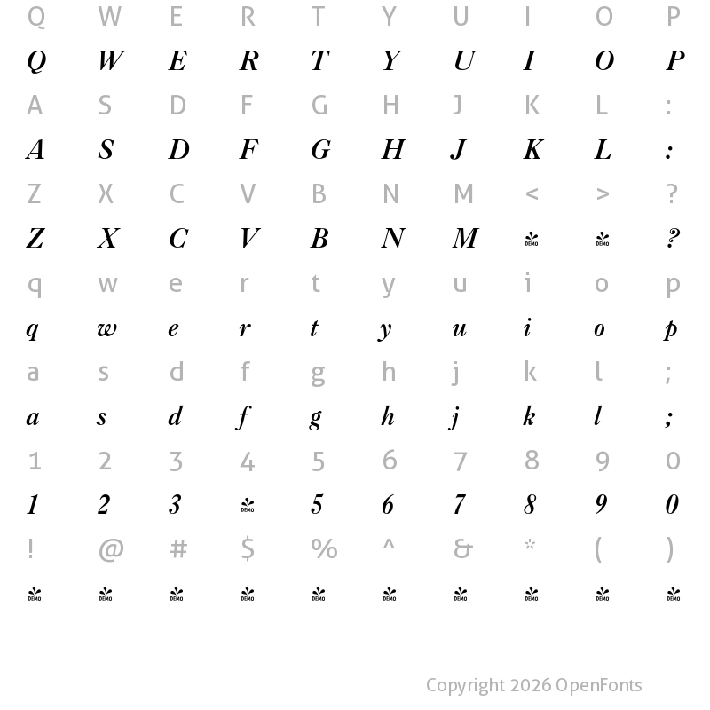Character Map of FONTSPRING DEMO - Caslon Bold BT Italic