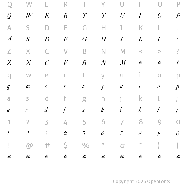Character Map of FONTSPRING DEMO - Caslon Elegant Pro Italic