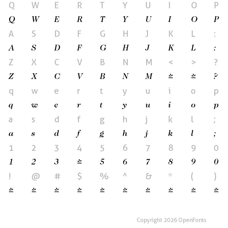 Character Map of FONTSPRING DEMO - Caslon Pro Medium Italic