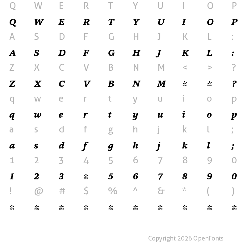 Character Map of FONTSPRING DEMO - Cassia-BoldItalic Regular