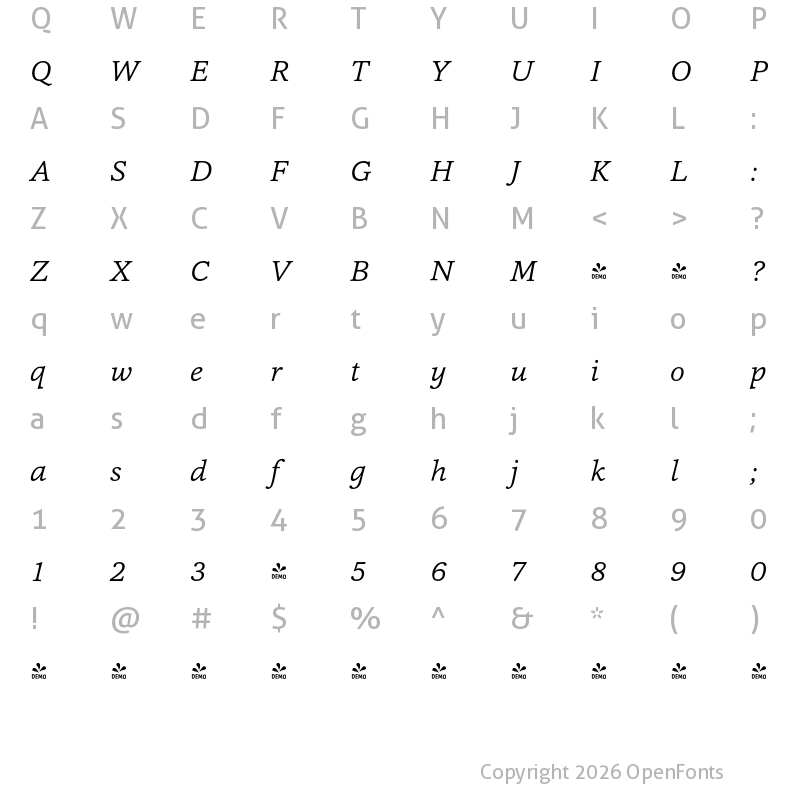Character Map of FONTSPRING DEMO - Cassia-LightItalic Regular