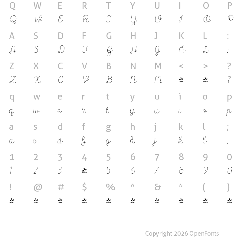 Character Map of FONTSPRING DEMO - Catalina Script Light Italic Regular