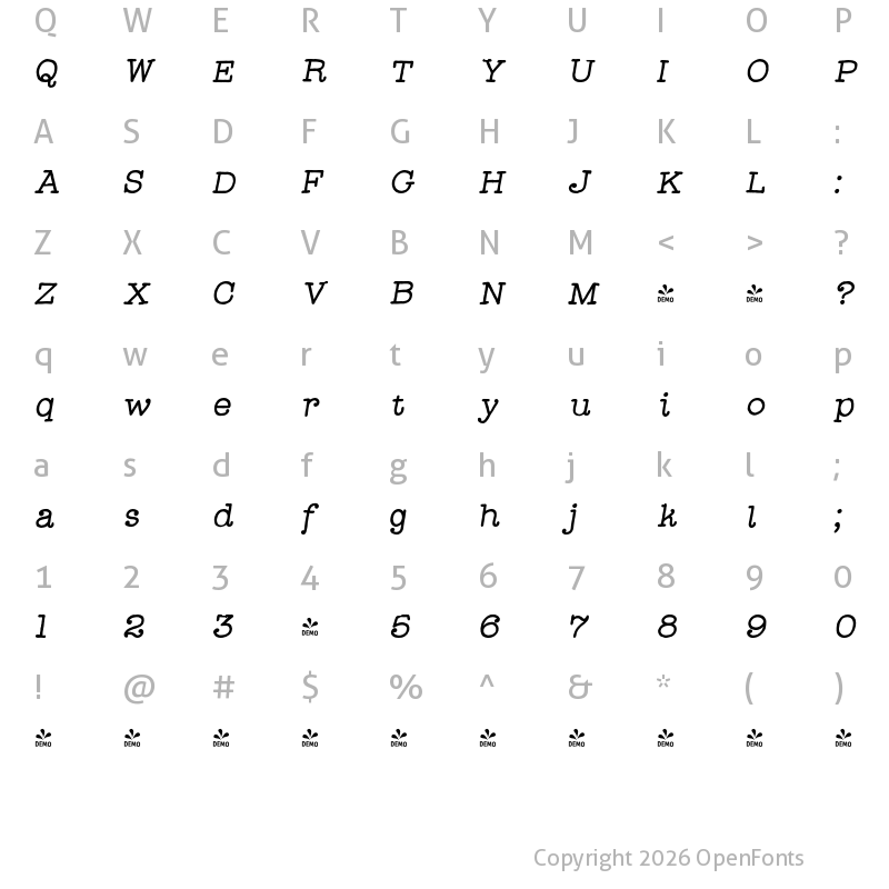 Character Map of FONTSPRING DEMO - Catalina Typewriter Bold Italic Regular