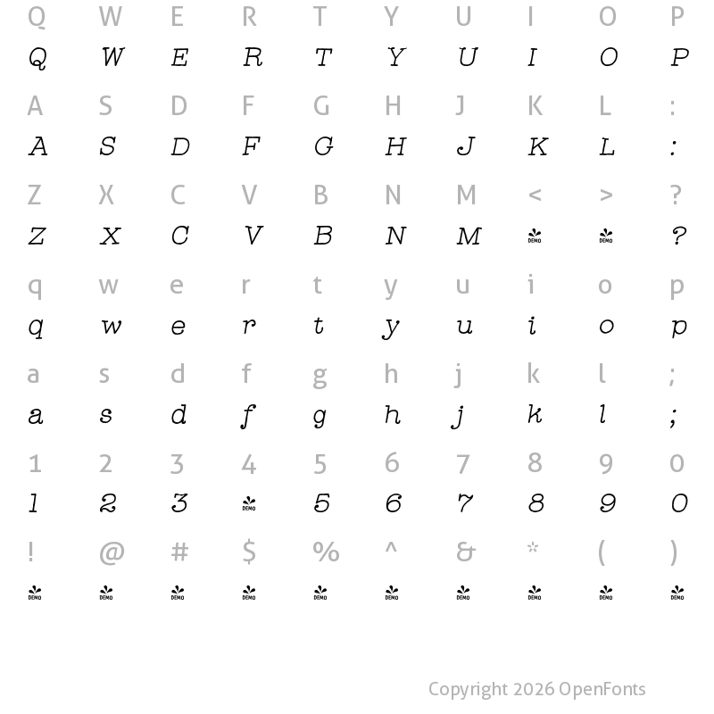 Character Map of FONTSPRING DEMO - Catalina Typewriter Italic Regular