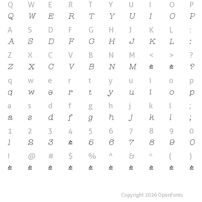 Character Map of FONTSPRING DEMO - Catalina Typewriter Light Itali Regular