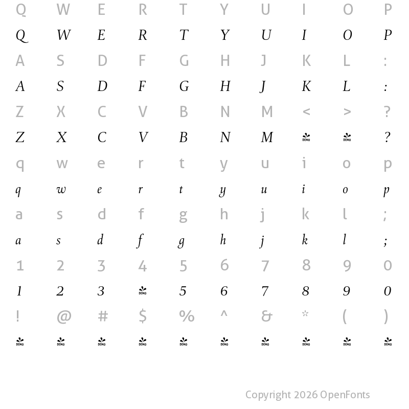 Character Map of FONTSPRING DEMO - Cattigan Light Italic